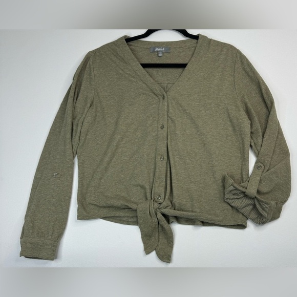 Marled Tie Front V Neck Convertible Sleeve Light Stretch Blouse Womens Medium - Picture 1 of 10